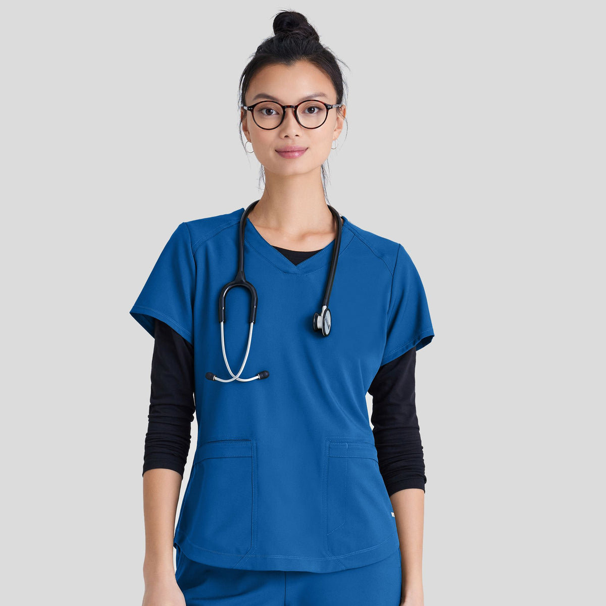 SzMED UNIFORM CITY BLACK GRAY RED/BLUE GRAPHIC PATTERN NURSING SCRUB TOP sold IG 2103