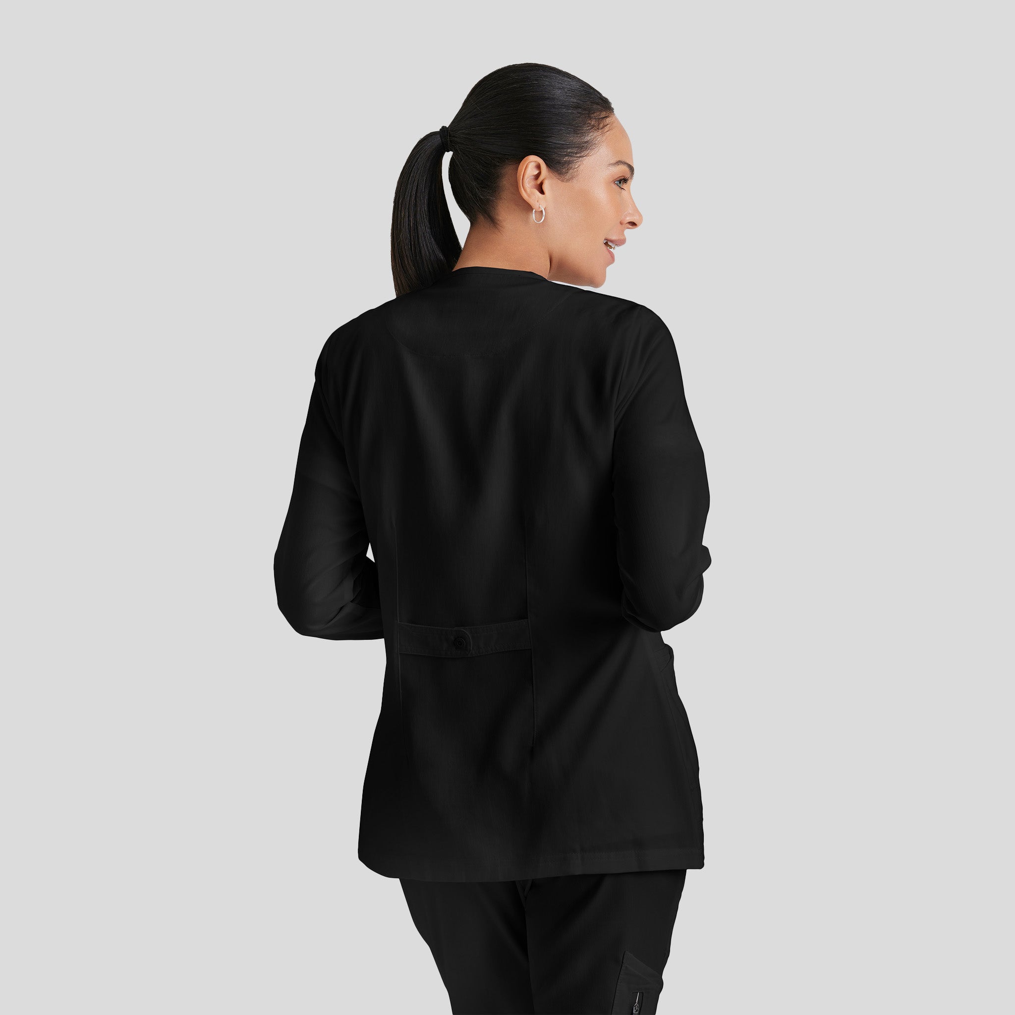 Jamie 4-Pocket Crewneck Snap-Front Scrub Jacket | Black