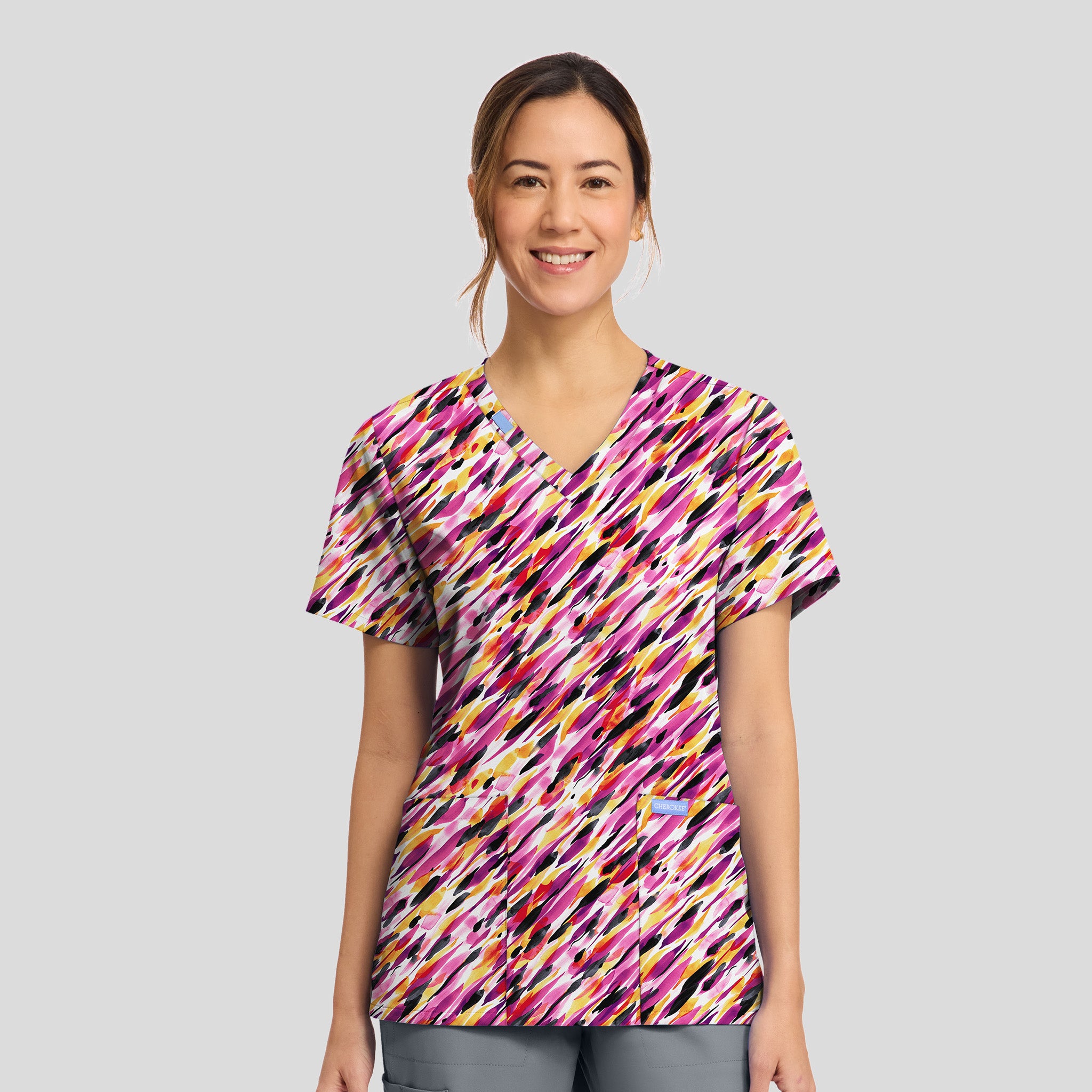 Women's Watercolor Marks Print Scrub Top