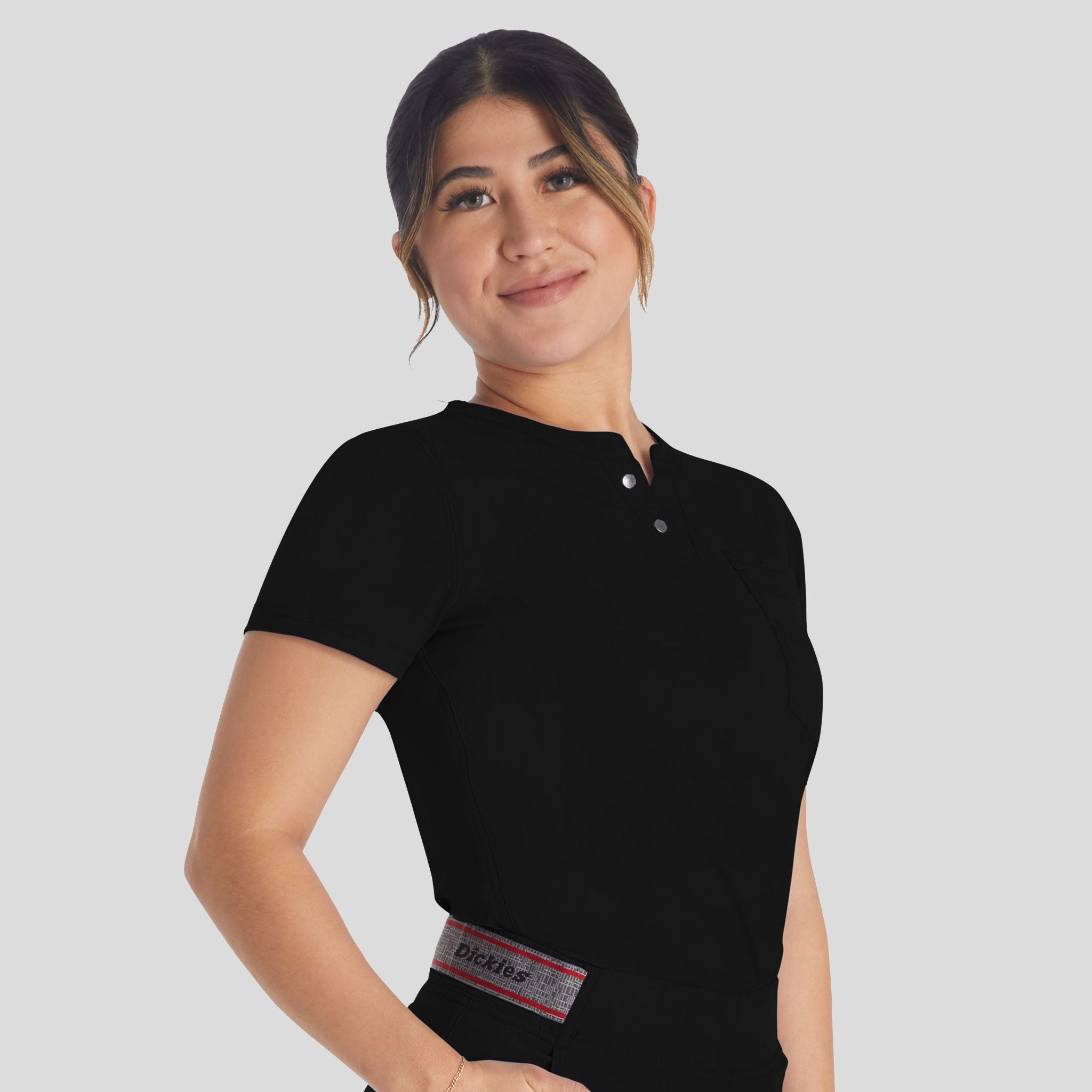 Women's Round Neck Henley Scrub Top | Black