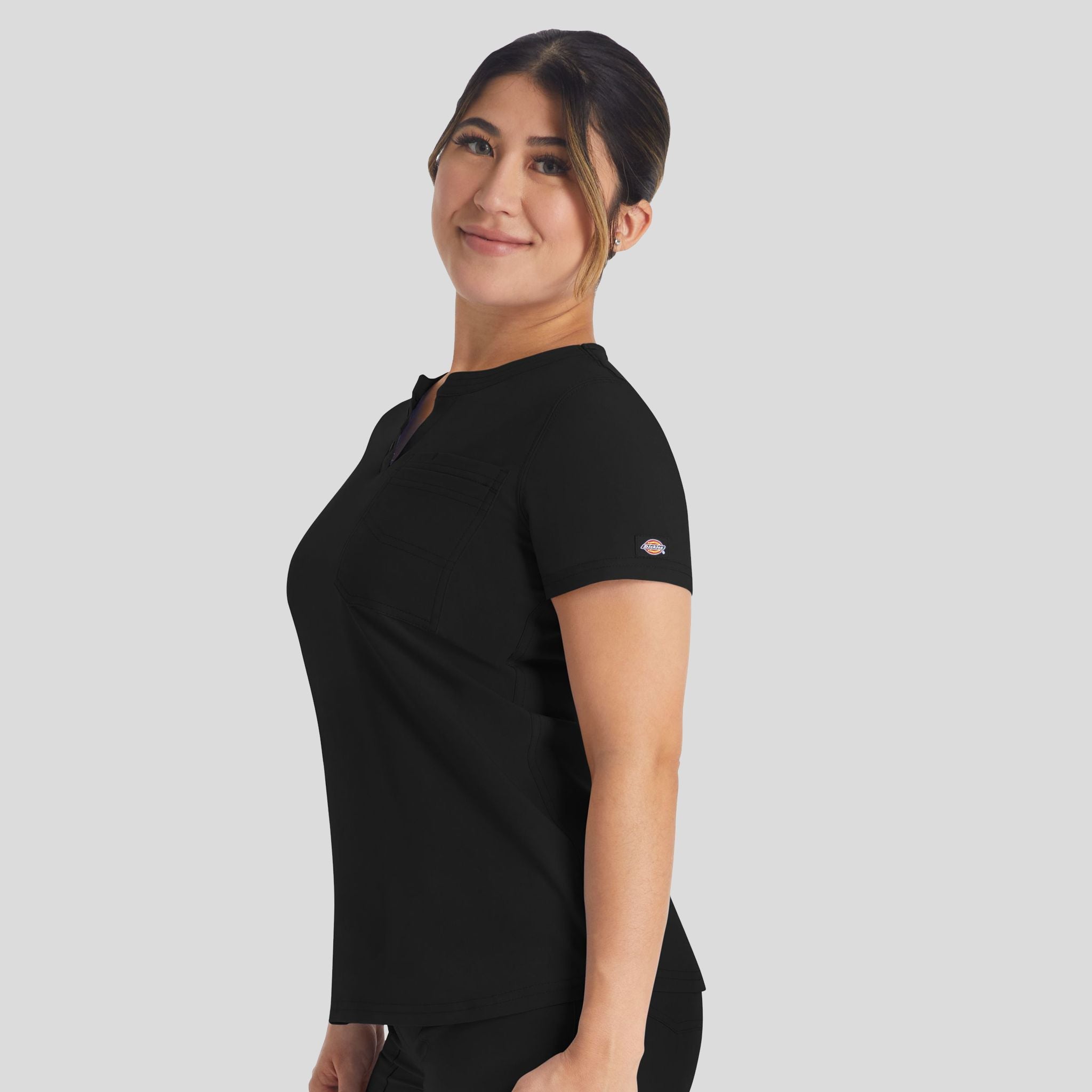 Women's Round Neck Henley Scrub Top | Black