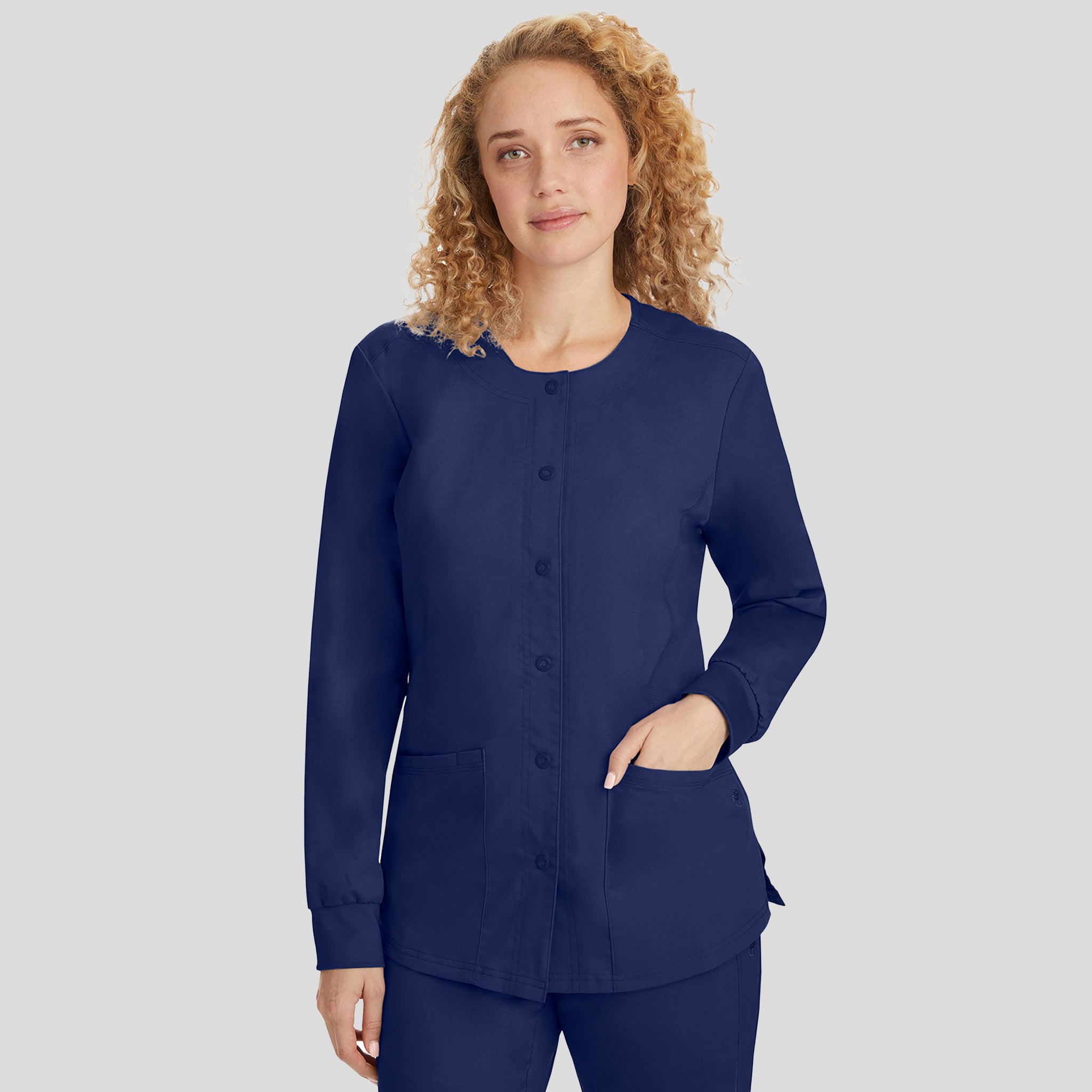 Daisy Snap Front Warm-Up Solid Scrub Jacket | Navy