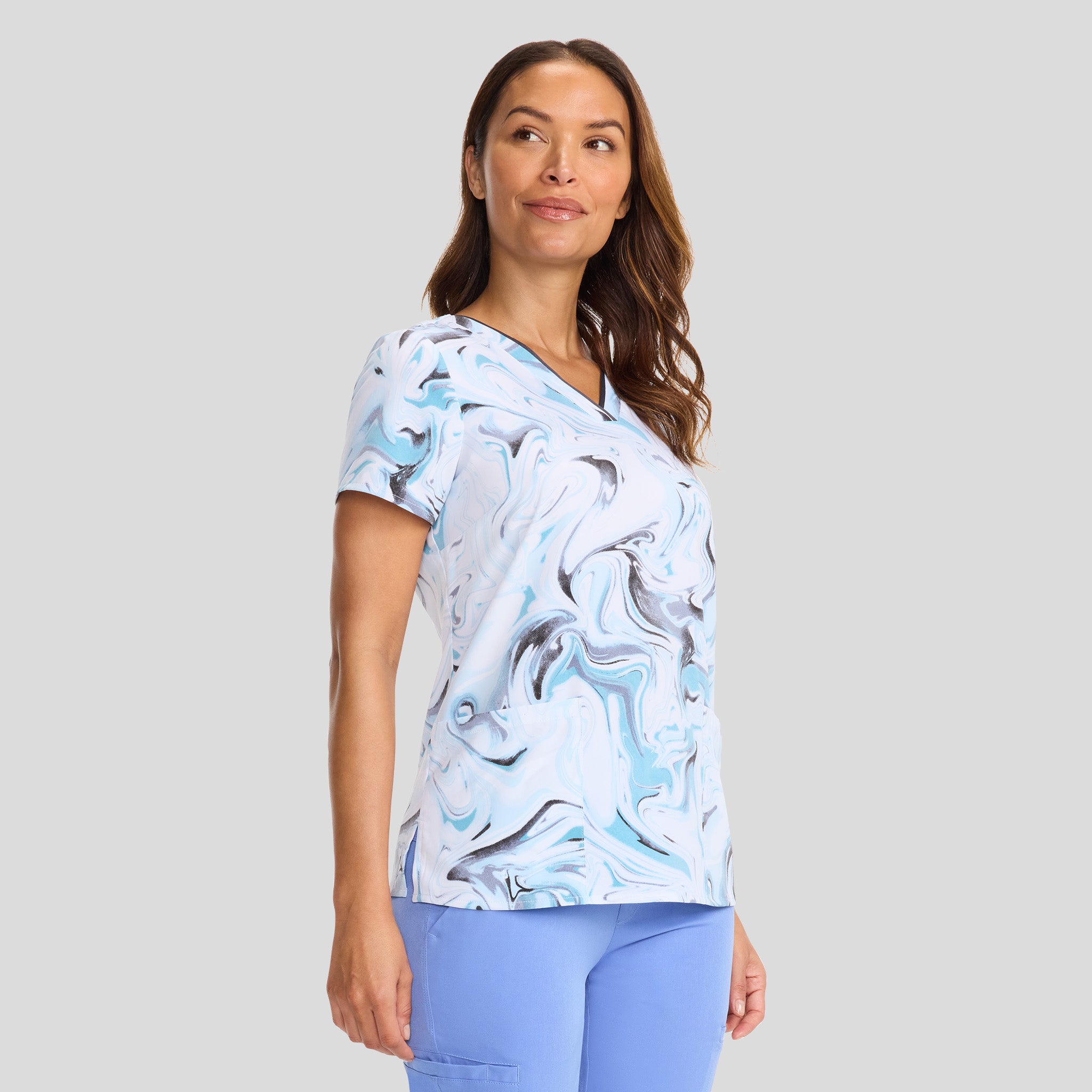 Amanda Washed Marble Print Scrub Top