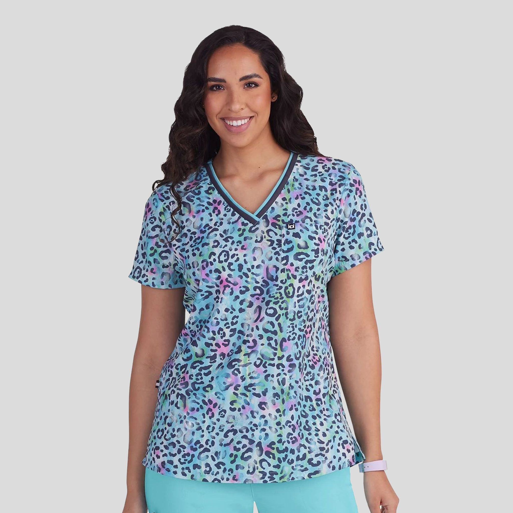 Coming on Strong Women's 1 Pocket Print Scrub Top | Rainbow Leopard