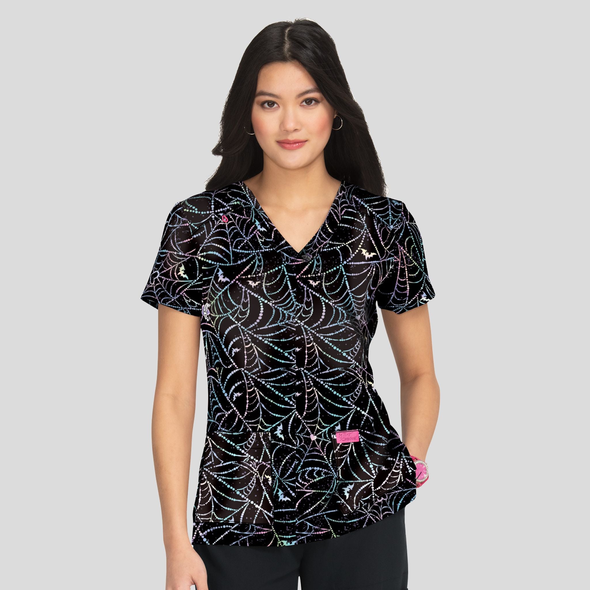 Betsey Johnson Bell Women's 2-Pocket Print Scrub Top | Dazzling Webs