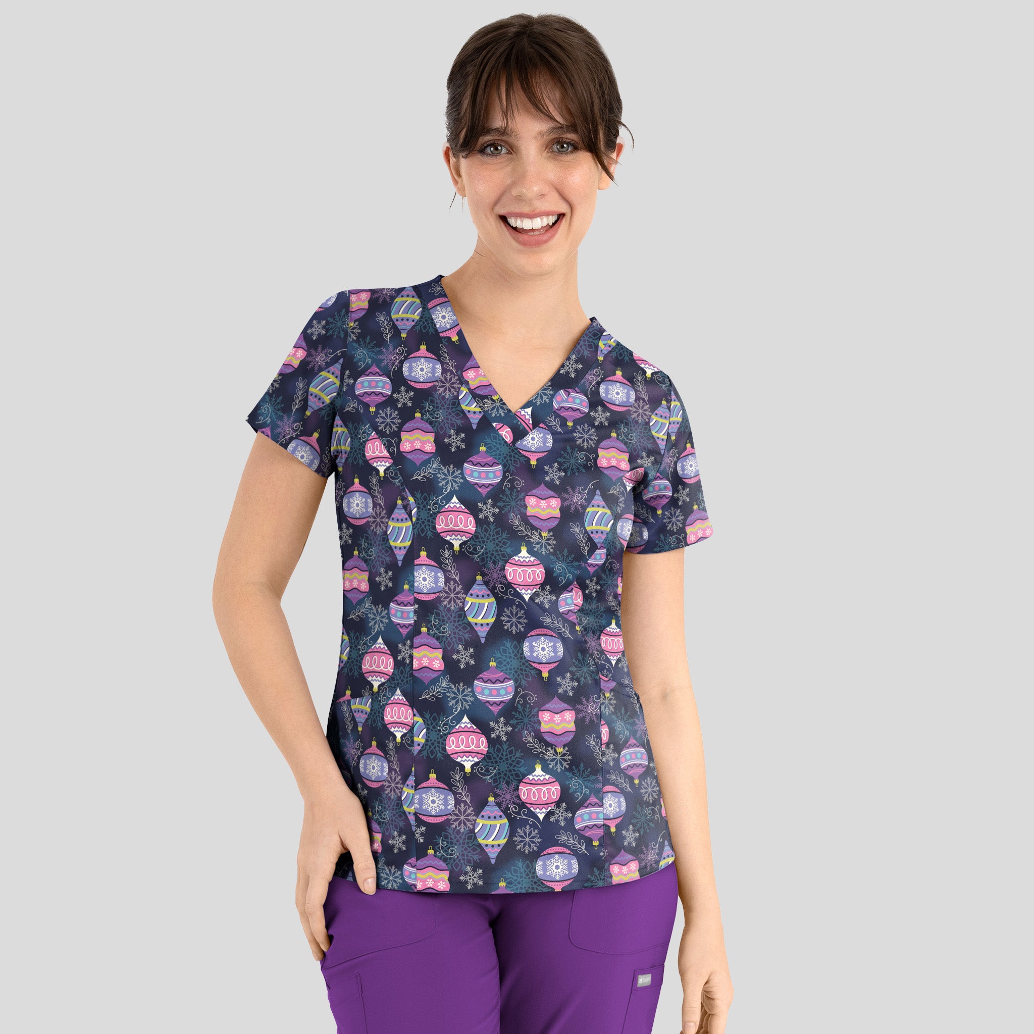 Curved V-Neck Print Top | Frosted Ornaments