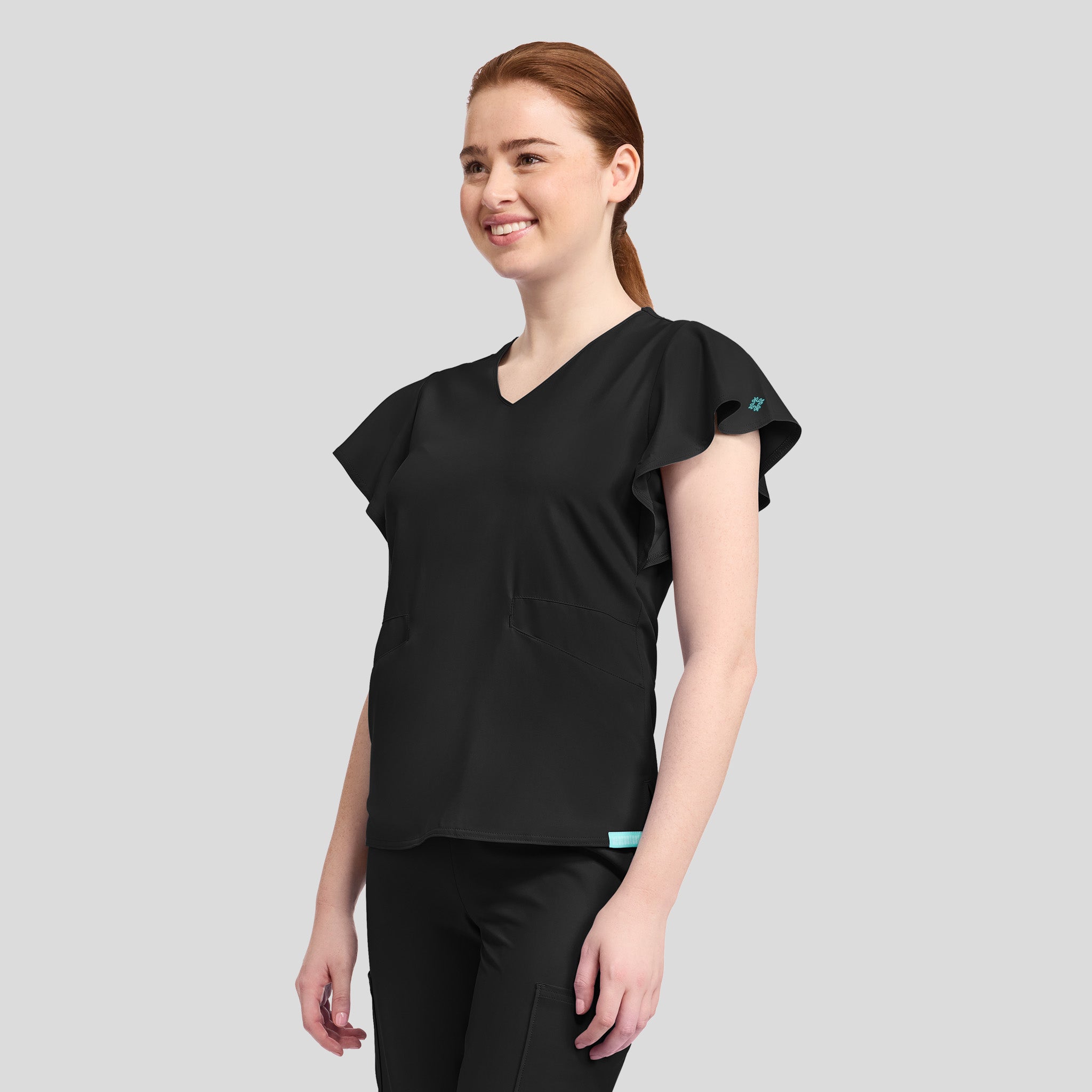 2-Pocket Flutter Sleeve V-Neck Scrub Top | Black