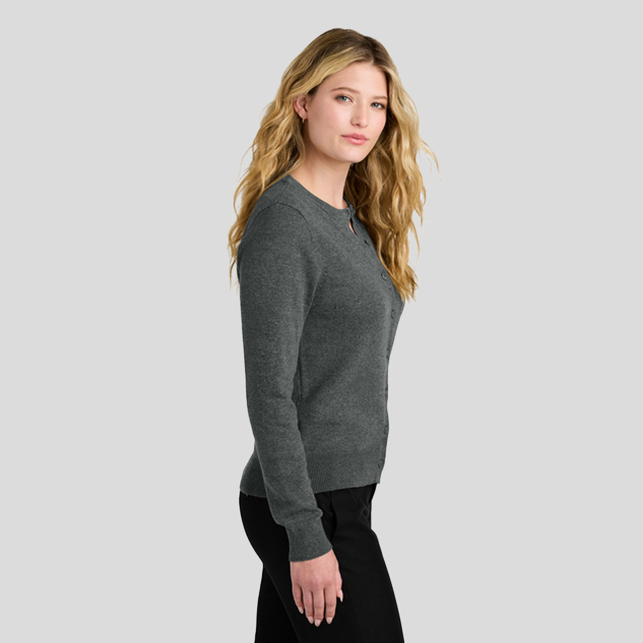 Womenβs Easy Care Crewneck Cardigan Sweater | Charcoal Heather