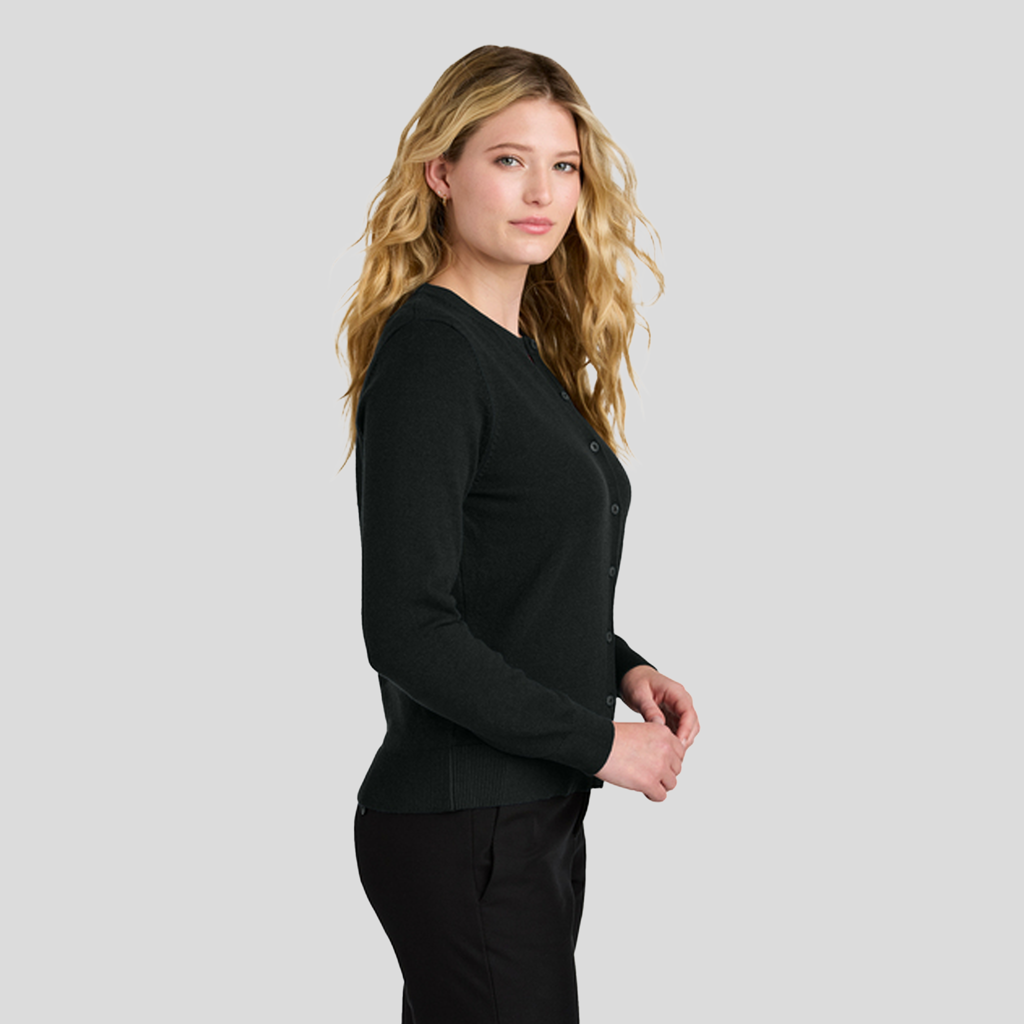 Womenβs Easy Care Crewneck Cardigan Sweater | Deep Black