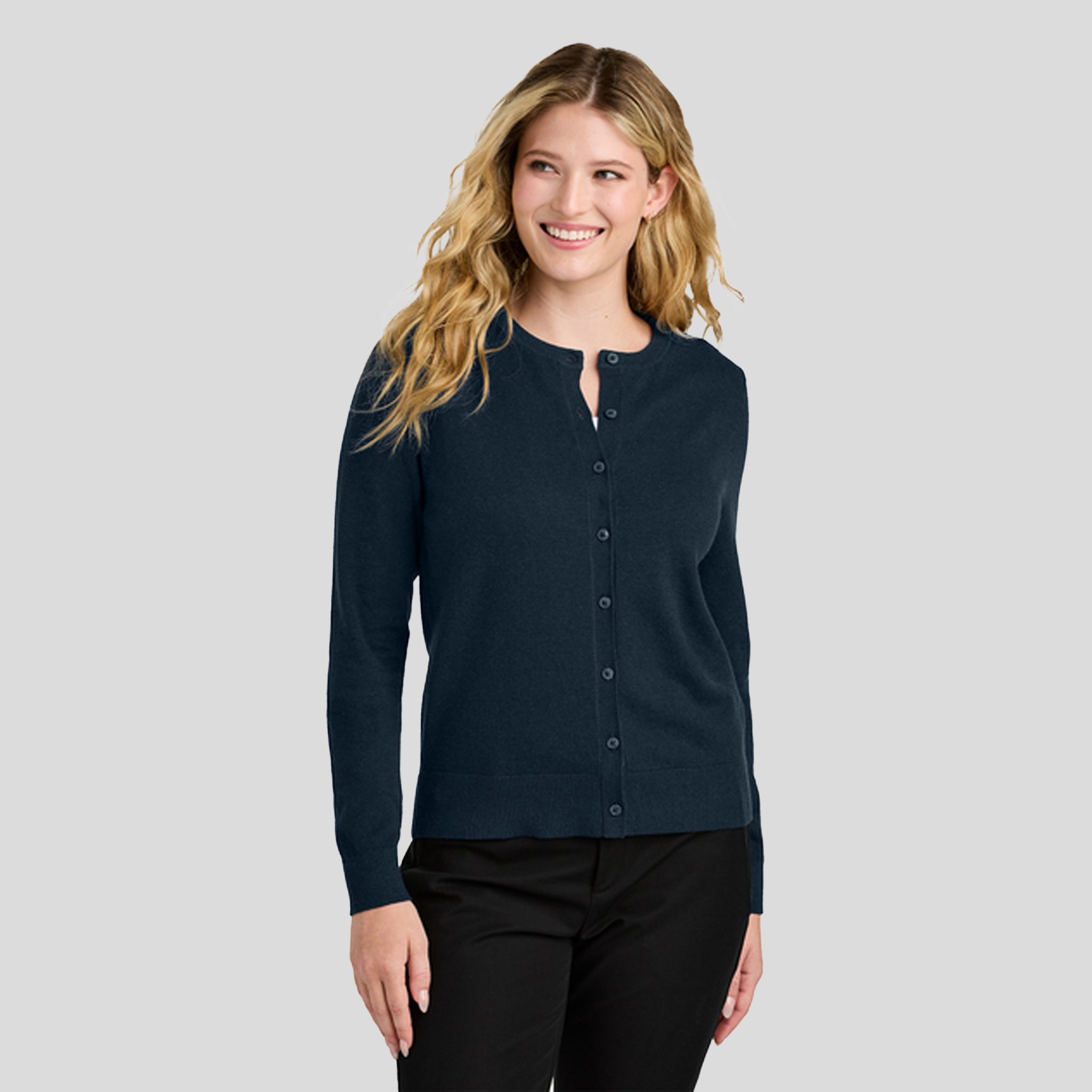 Womenβs Easy Care Crewneck Cardigan Sweater | River Blue Navy