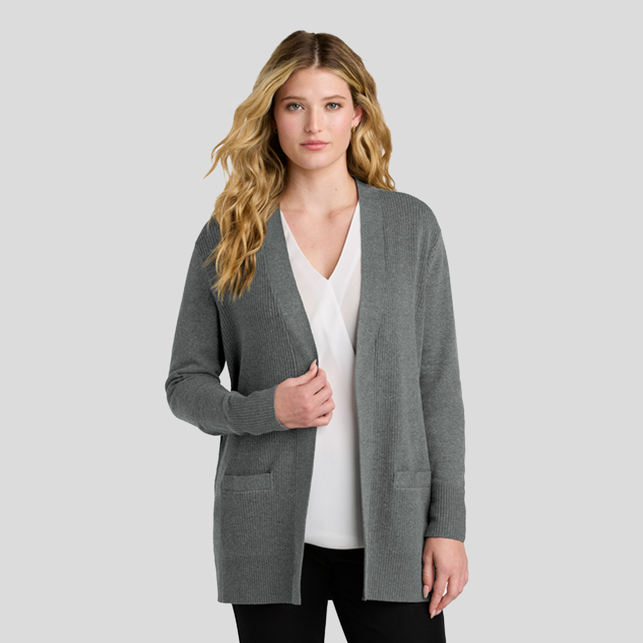Womenβs Easy Care Open-Front Cardigan Sweater | Medium Heather Grey