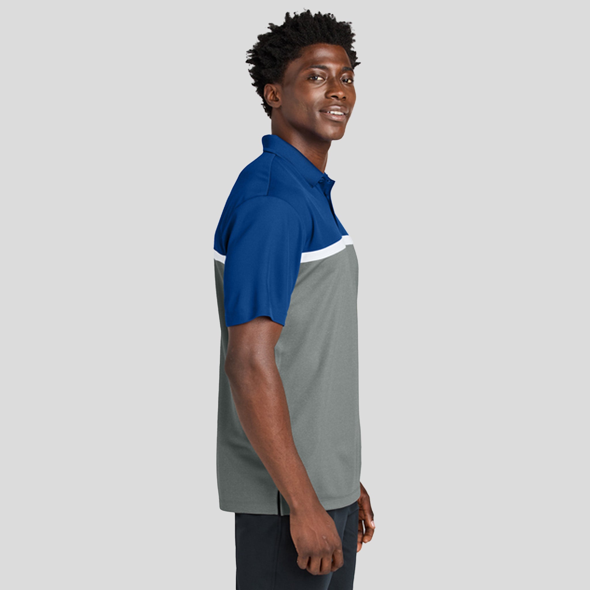 UV Micropique Colorblock Polo | True Royal/Grey Concrete Heather/White