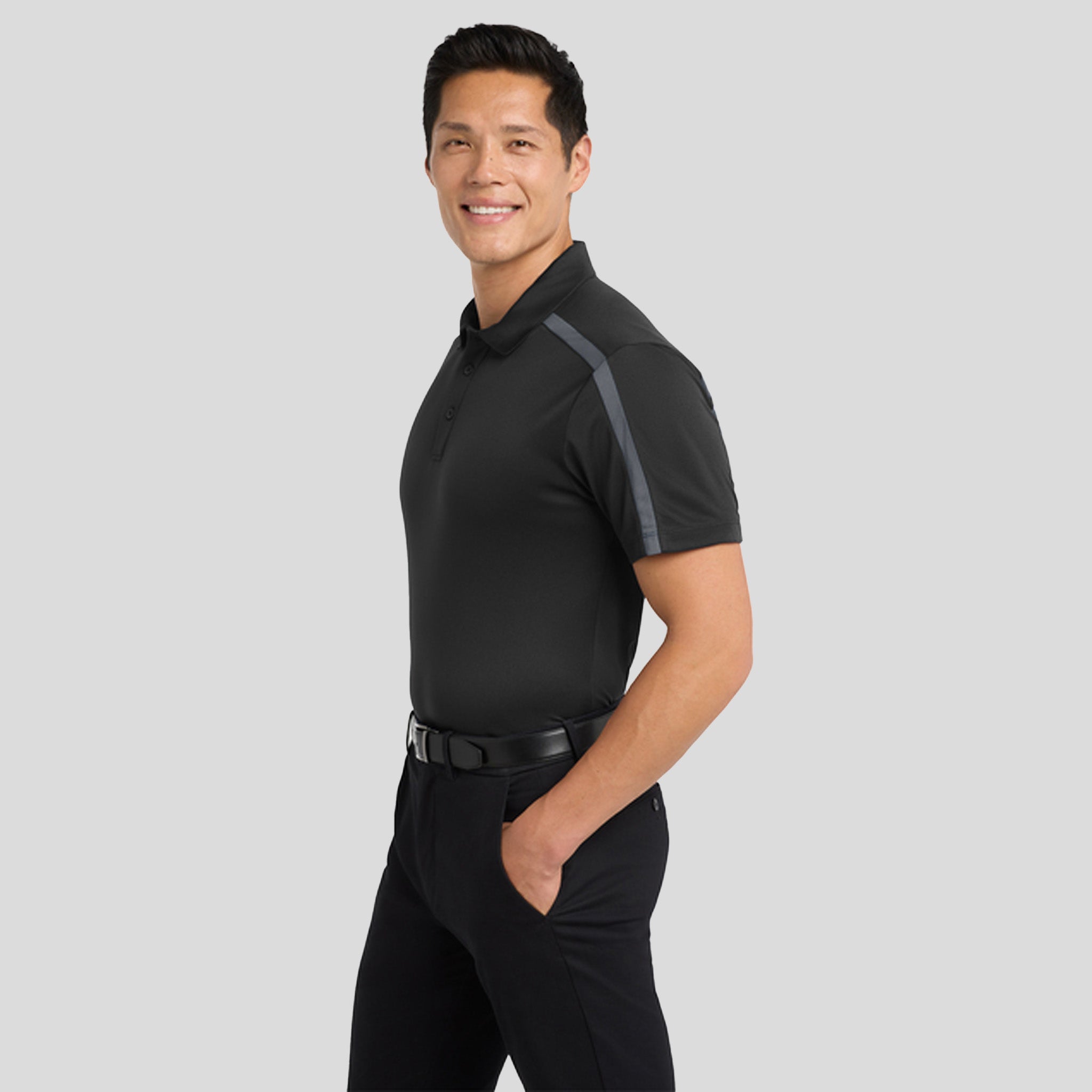 Silk Touch™ Performance Colorblock Stripe Polo | Black/Steel Grey