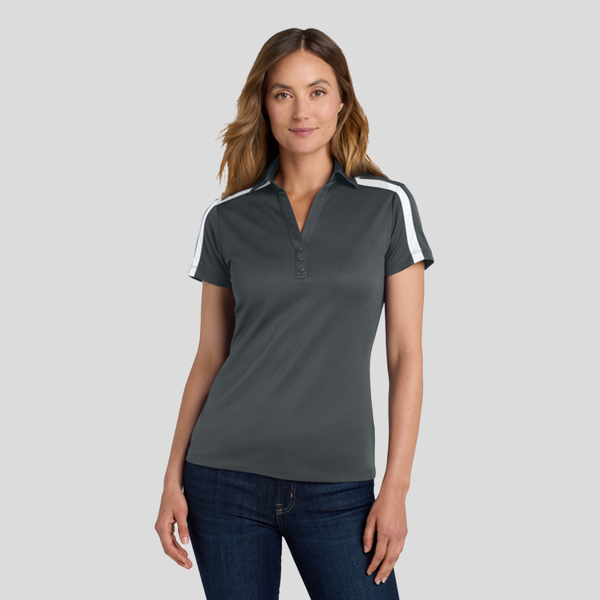 Women's Silk Touch™ Performance Colorblock Stripe Polo | Steel Grey/White