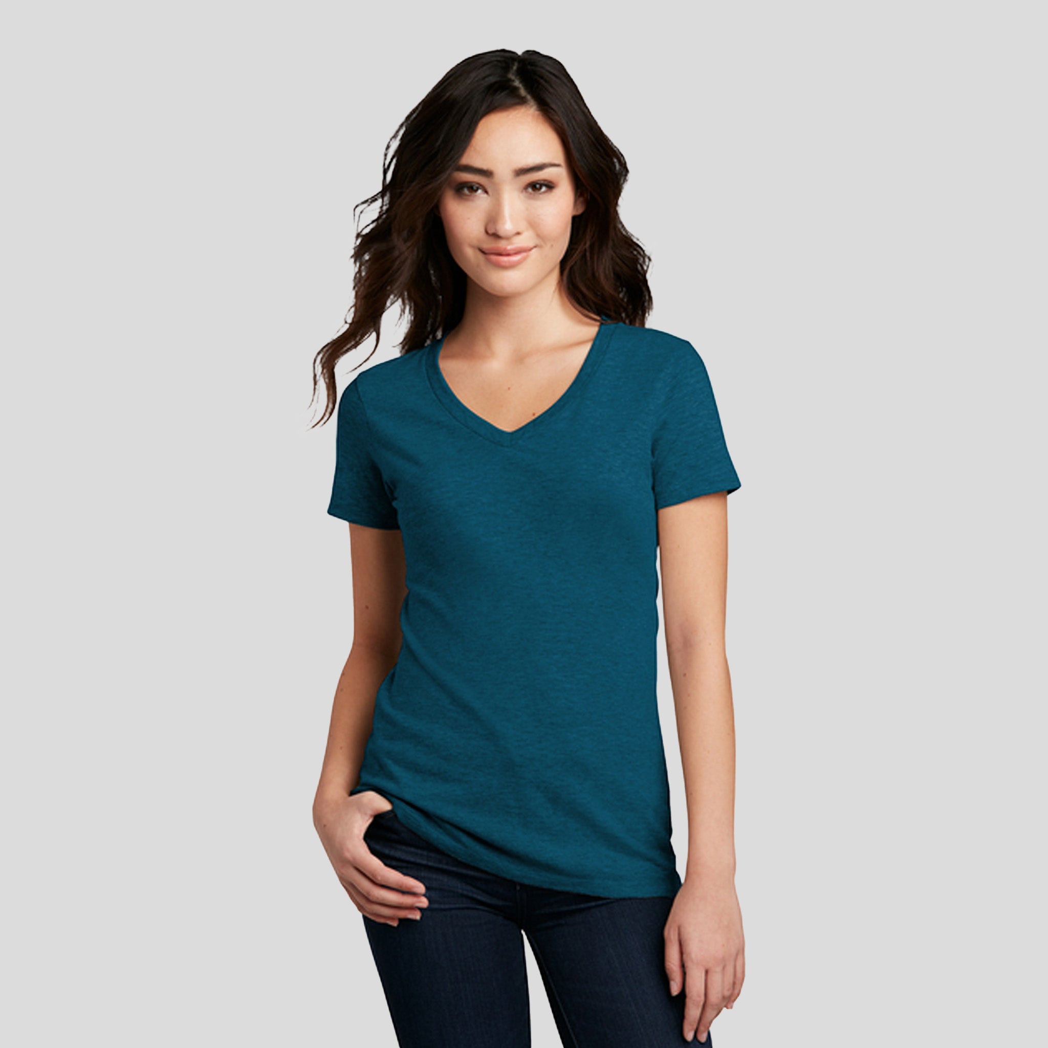Womenโs Perfect Blendยฎ CVC V-Neck Tee | Deep Turquoise Fleck