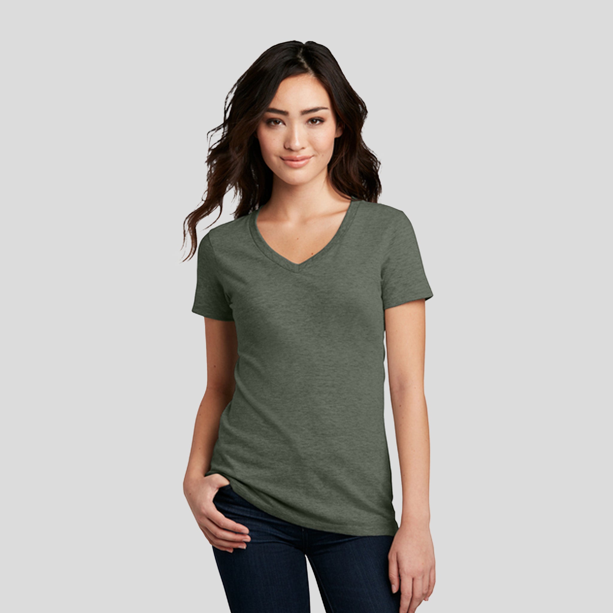 Womenโs Perfect Blendยฎ CVC V-Neck Tee | Heathered Olive