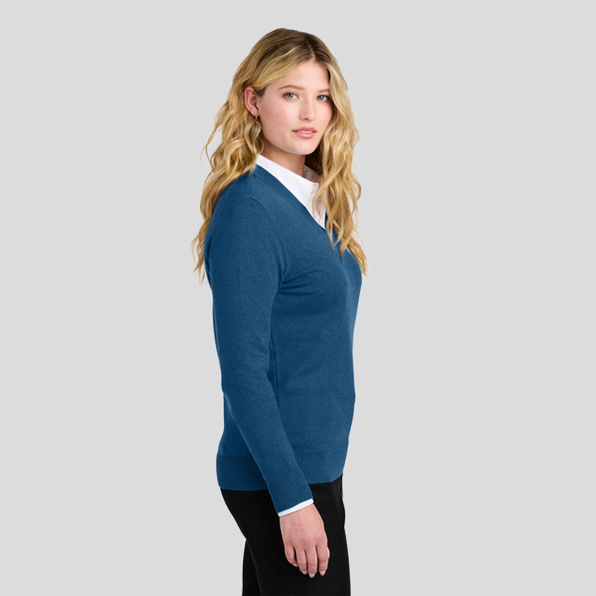 Womenβs Easy Care V-Neck Sweater | Aegean Blue Heather