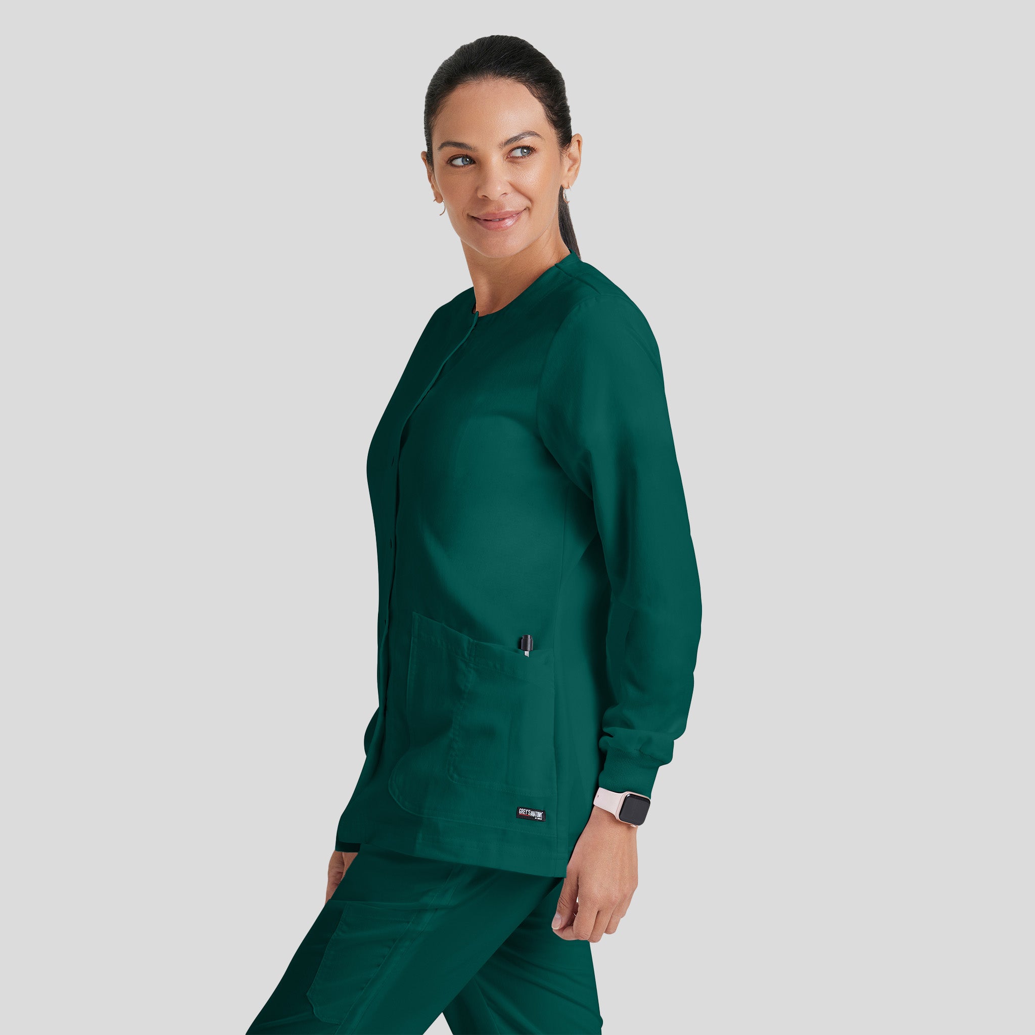 Jamie 4-Pocket Crewneck Snap-Front Scrub Jacket | Hunter