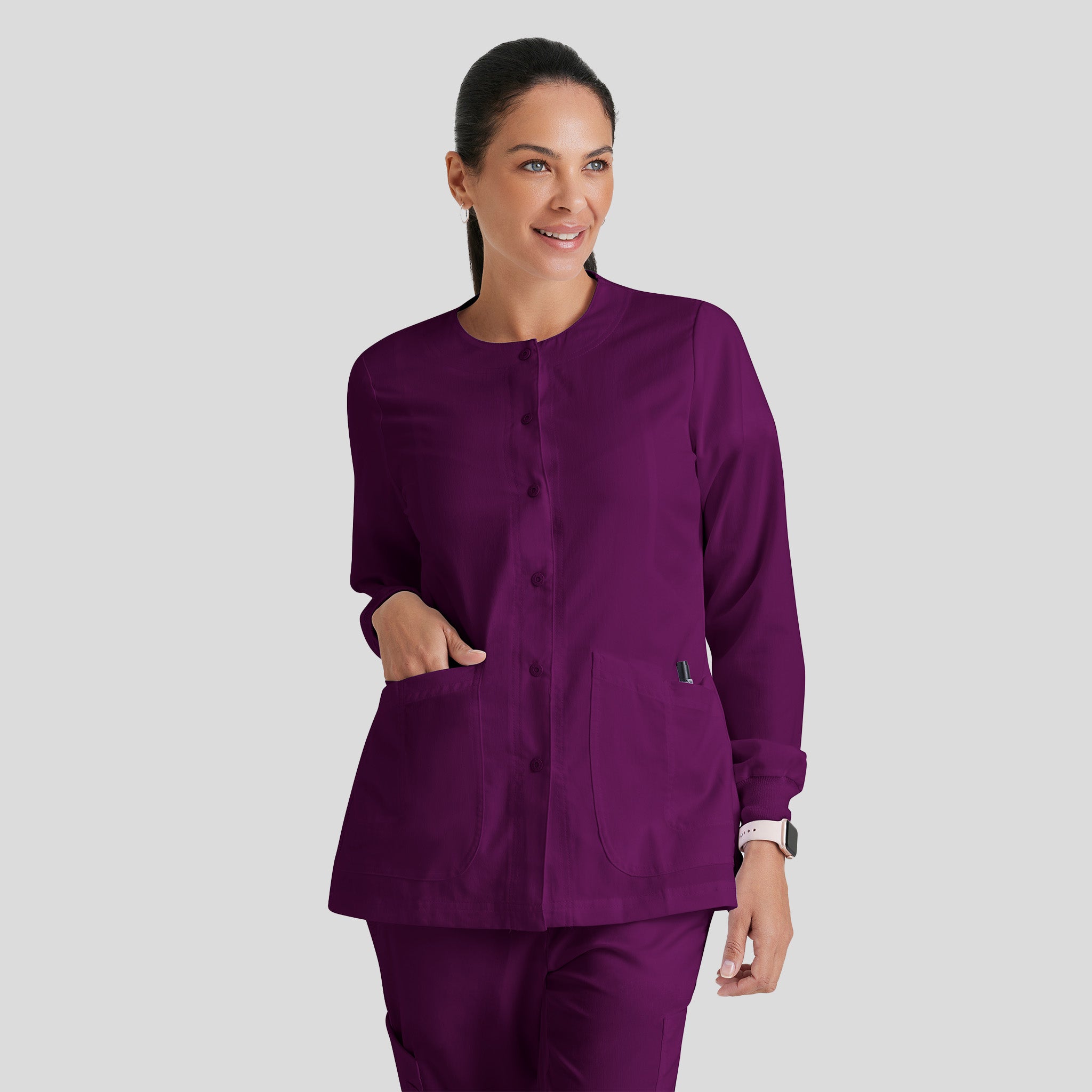 Jamie 4-Pocket Crewneck Snap-Front Scrub Jacket | Wine