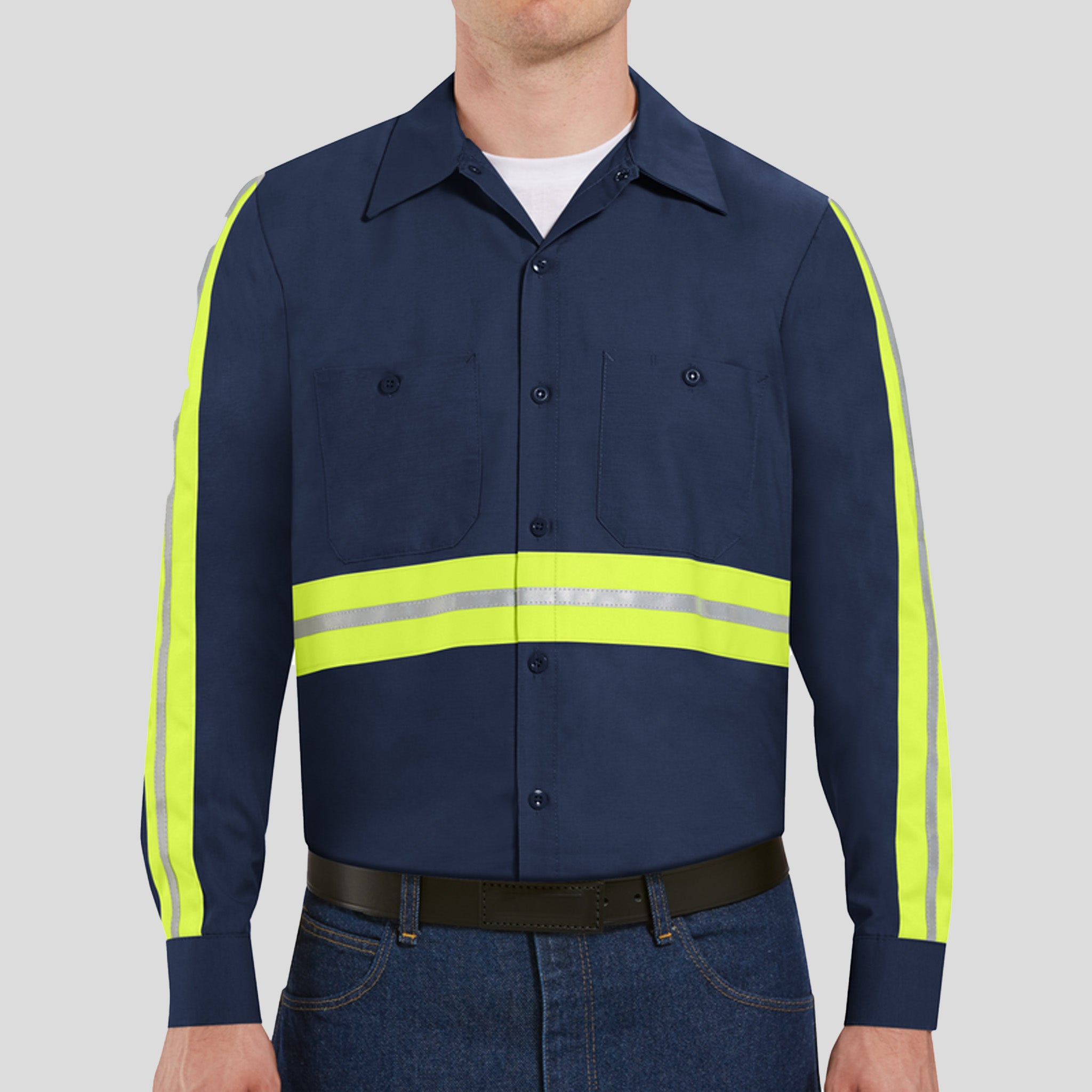 Men's Long Sleeve Enhanced Visibility Industrial Work Shirt | Navy w/ Yellow Visibility Trim