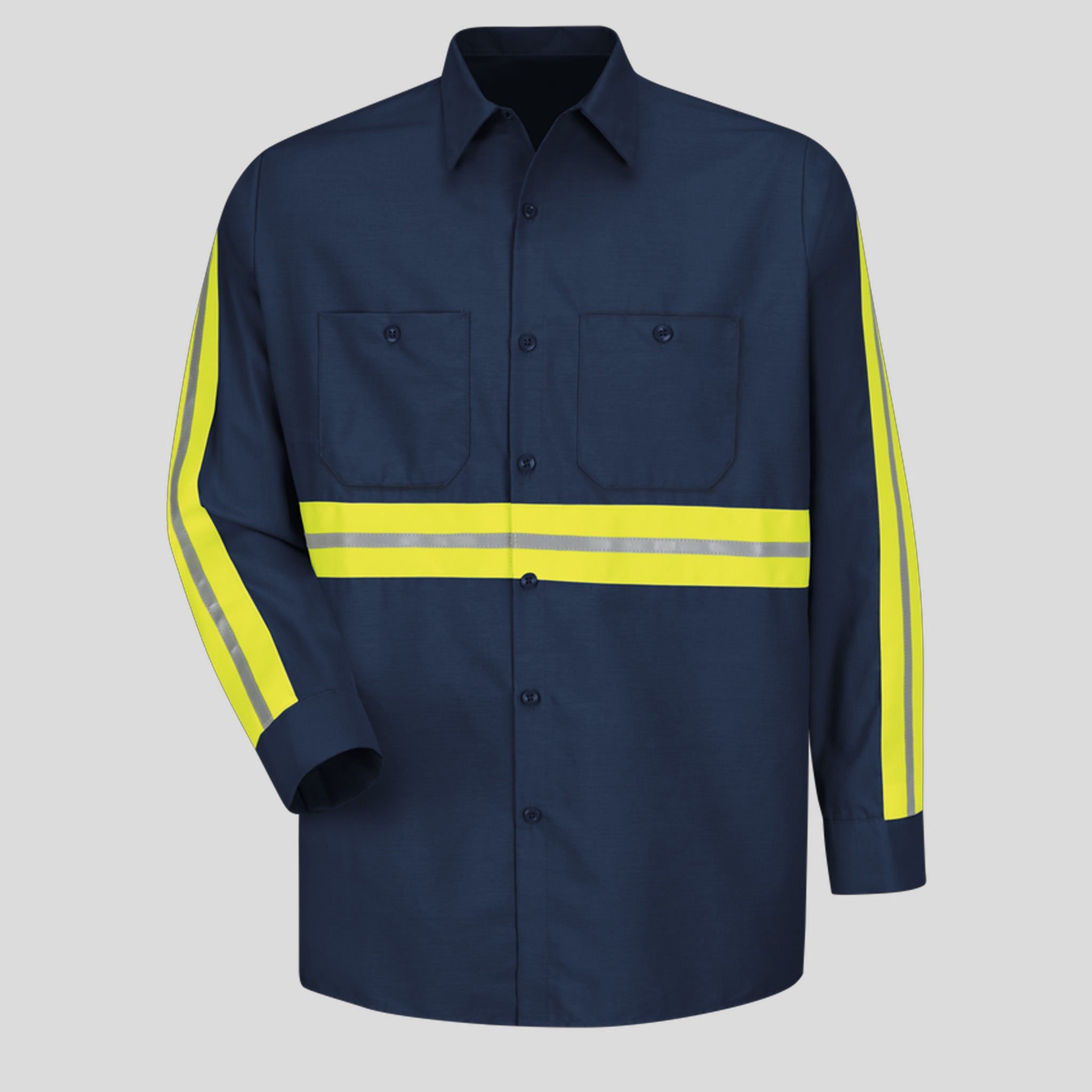Men's Long Sleeve Enhanced Visibility Industrial Work Shirt | Navy w/ Yellow Visibility Trim