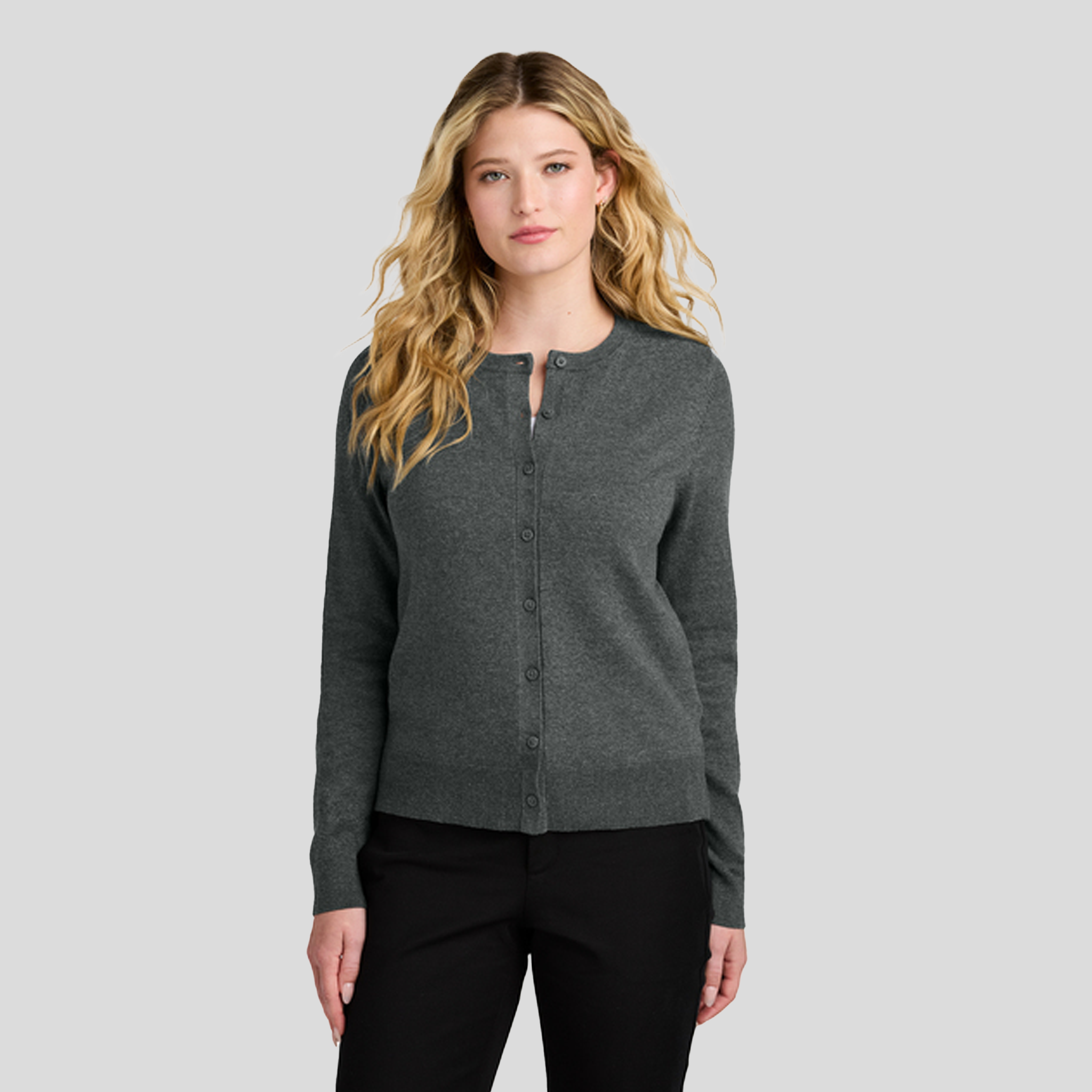 Women’s Easy Care Crewneck Cardigan Sweater | Charcoal Heather