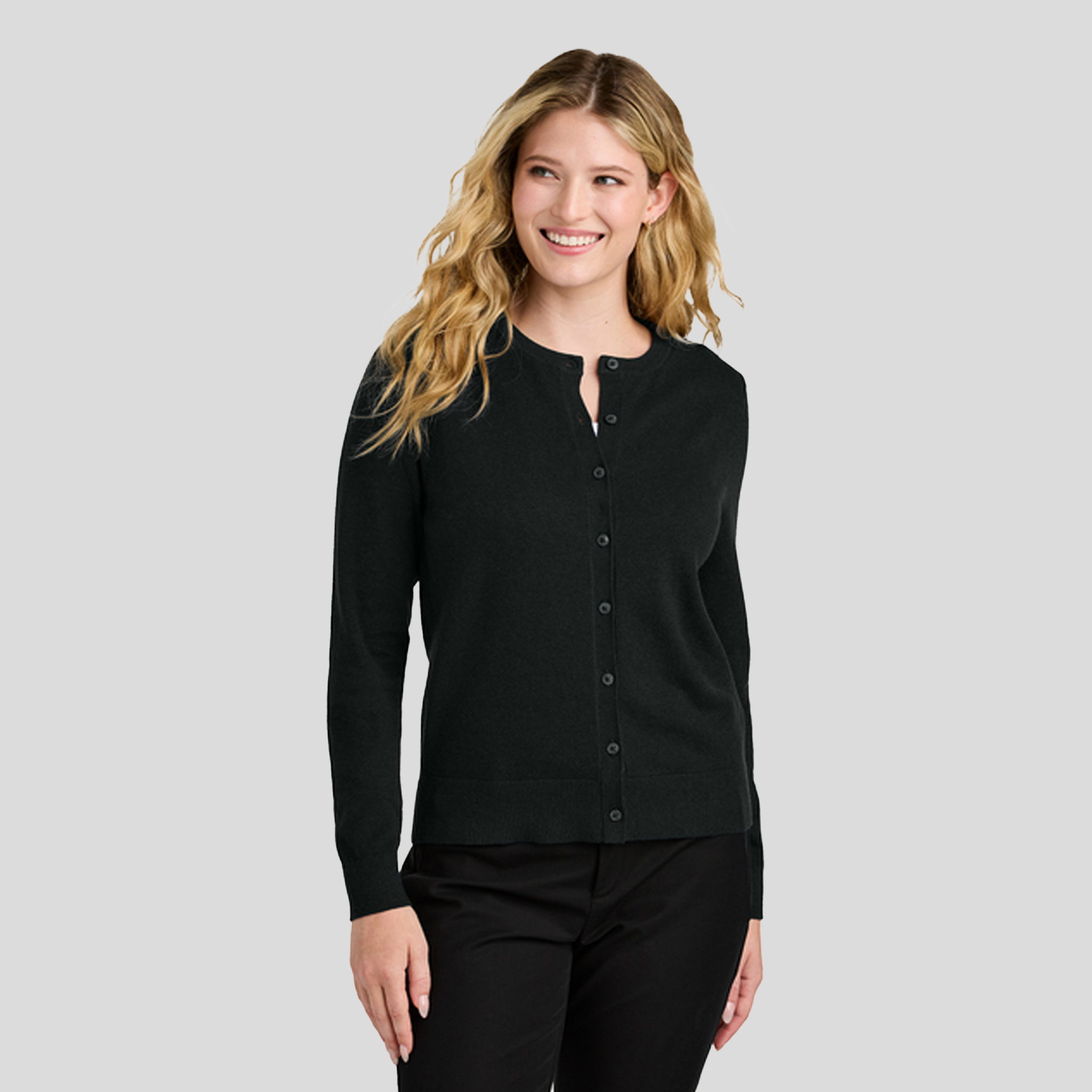 Women’s Easy Care Crewneck Cardigan Sweater | Deep Black