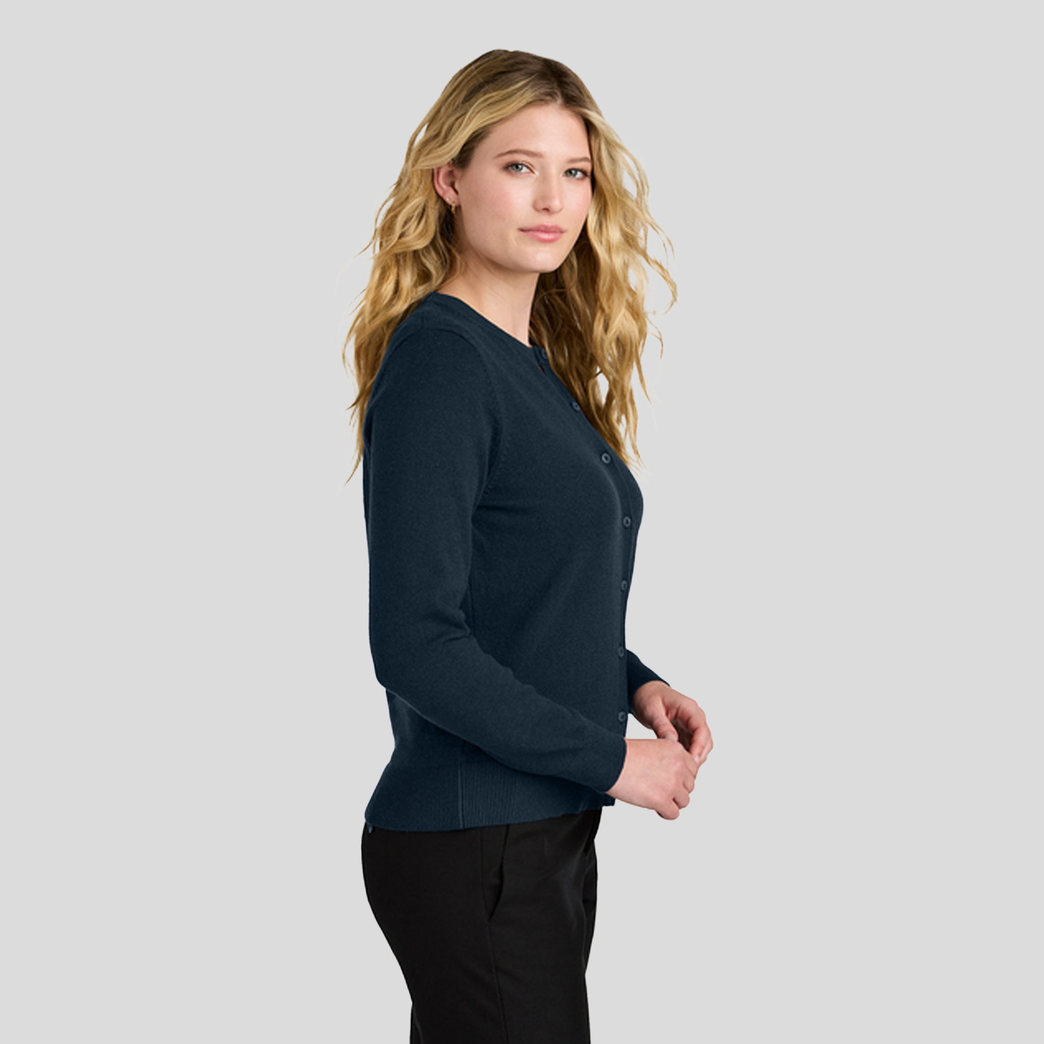 Women’s Easy Care Crewneck Cardigan Sweater | River Blue Navy