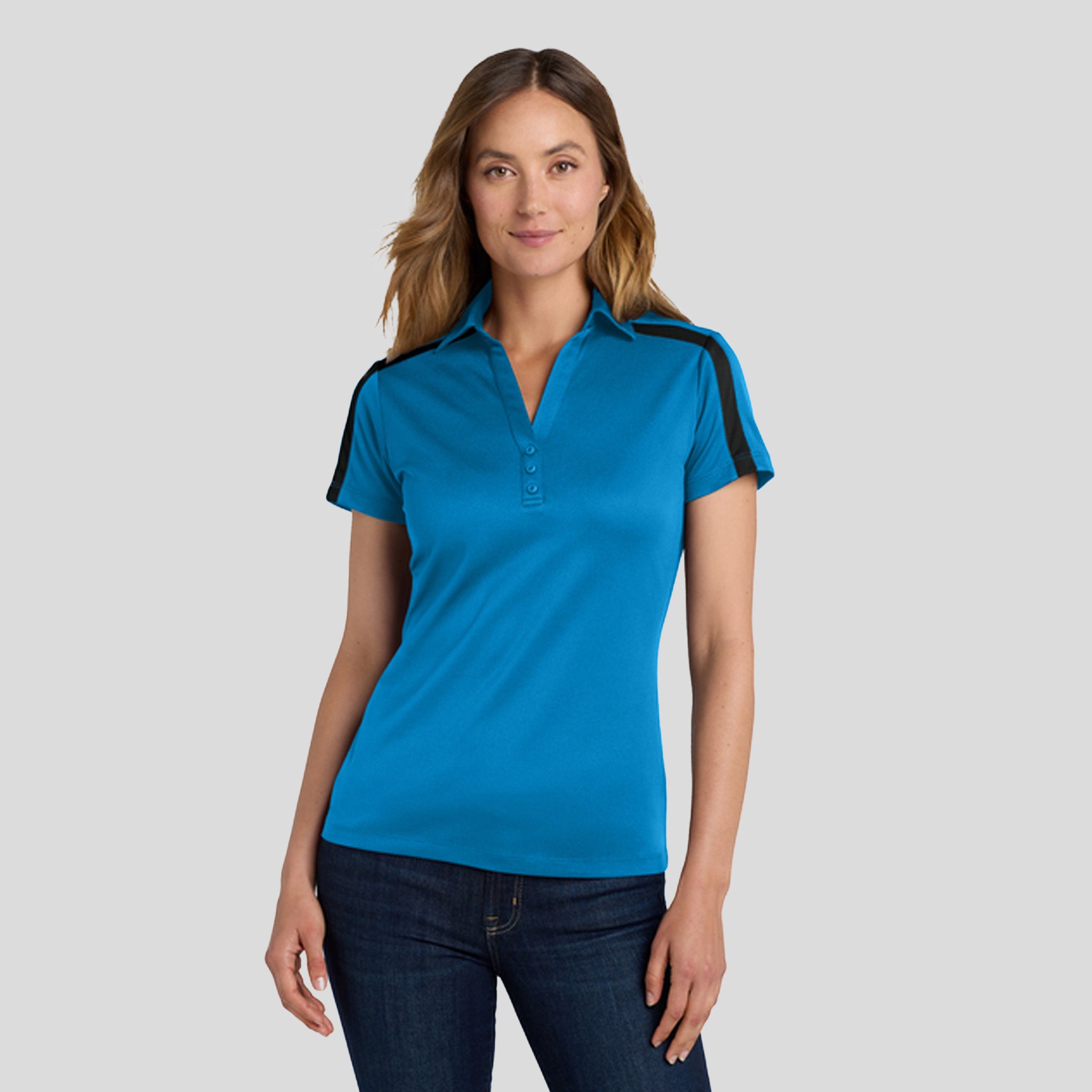 Women's Silk Touch™ Performance Colorblock Stripe Polo | Brilliant Blue/Black